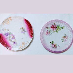Pair (2) Vintage Round Floral TRIVET PLATES Pink and White Rose and Floral Print